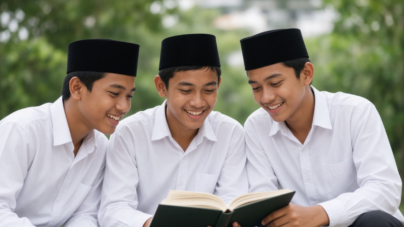 photo: tiga santri membaca kitab